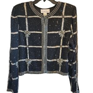 Vintage Laurence Kazar Black Silver Gold Silk Beaded Jacket